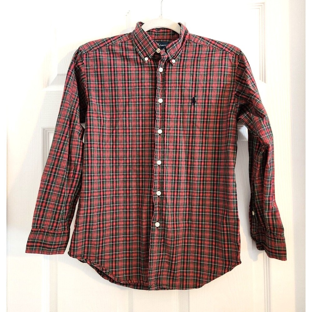Ralph Lauren Logo Boys Shirt Size M (10-12) Classic Red Green Plaid Button Up